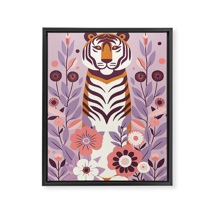 Serene Tiger in Blooming Garden - Pastel Floral Illustration Framed Canvas Print Gallery Image 1