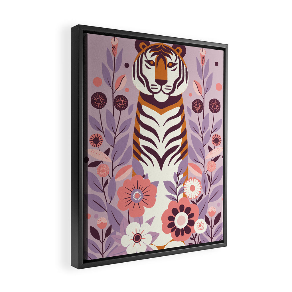 Serene Tiger in Blooming Garden - Pastel Floral Illustration Framed Canvas Print Gallery Image 2
