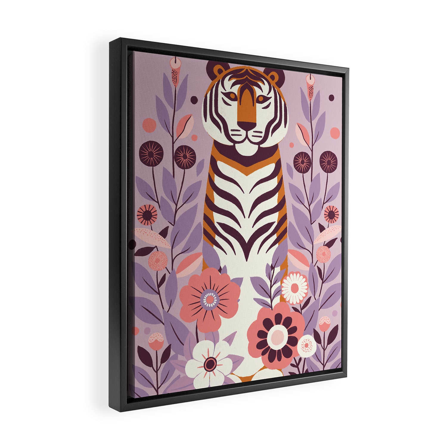Serene Tiger in Blooming Garden - Pastel Floral Illustration Framed Canvas Print Gallery Image 2