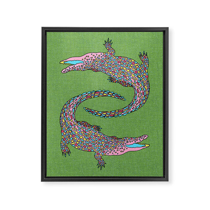 Crocodiles (Textured Green and Pink) Framed Canvas Print Gallery Image 1