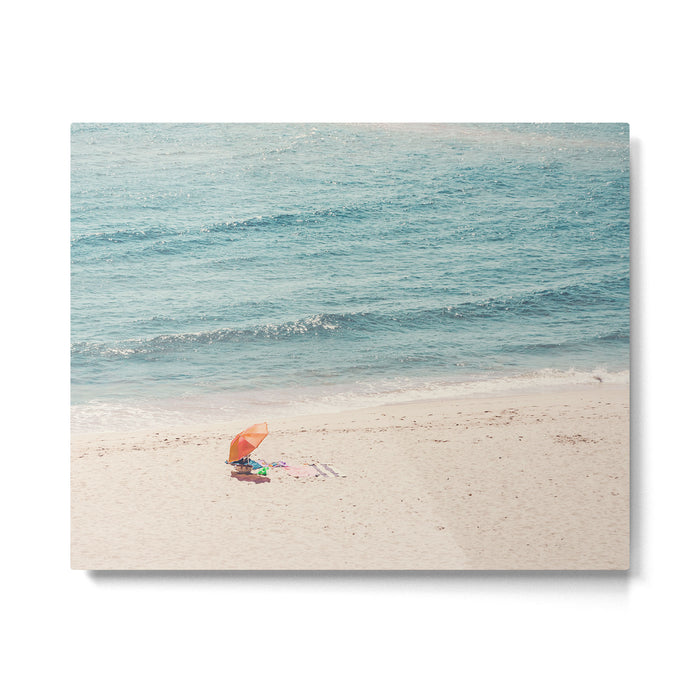 Aerial Orange Beach Umbrella - Ocean - Beach and Sea photography by Ingrid Beddoes Metal Print Gallery Image 1