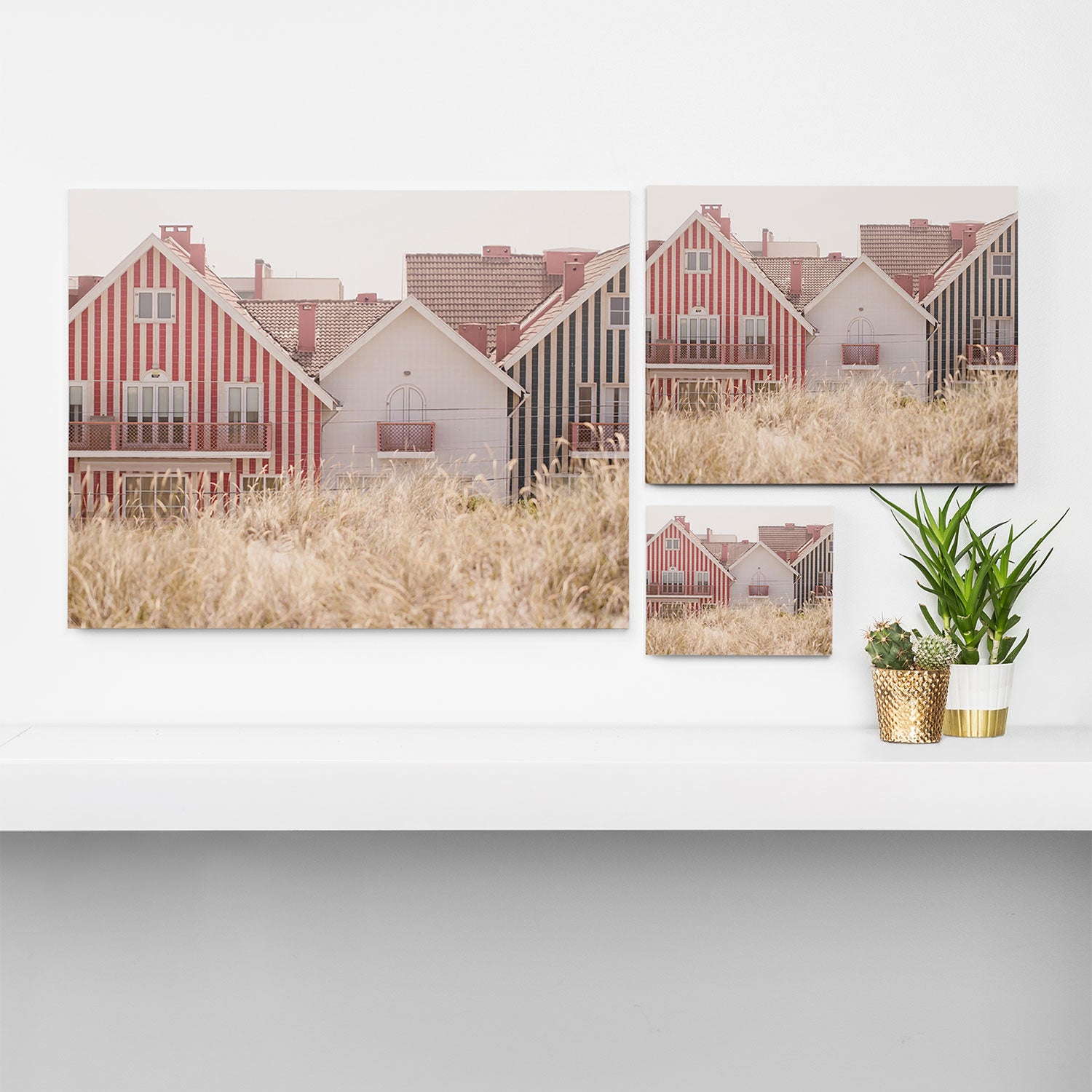 Beach Houses - red and blue stripped coastal house - travel photography Canvas Print Gallery Image 3