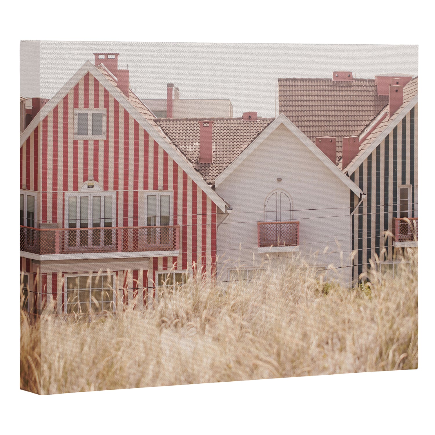 Beach Houses - red and blue stripped coastal house - travel photography Canvas Print Gallery Image 3