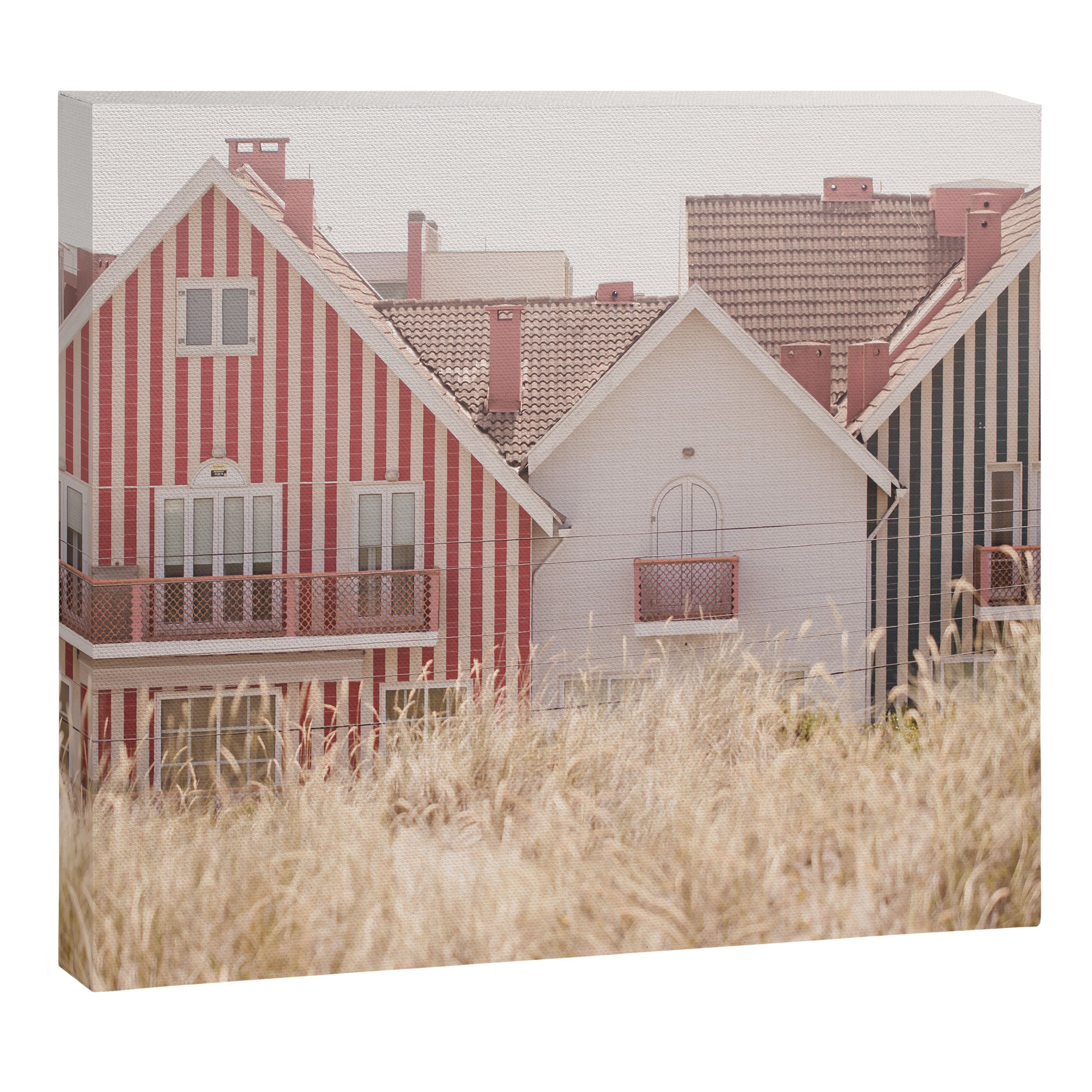 Beach Houses - red and blue stripped coastal house - travel photography Canvas Print Gallery Image 6