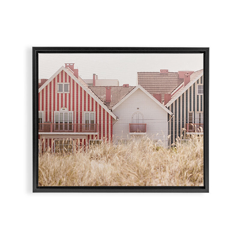 Beach Houses - red and blue stripped coastal house - travel photography Framed Canvas Print Gallery Image 6