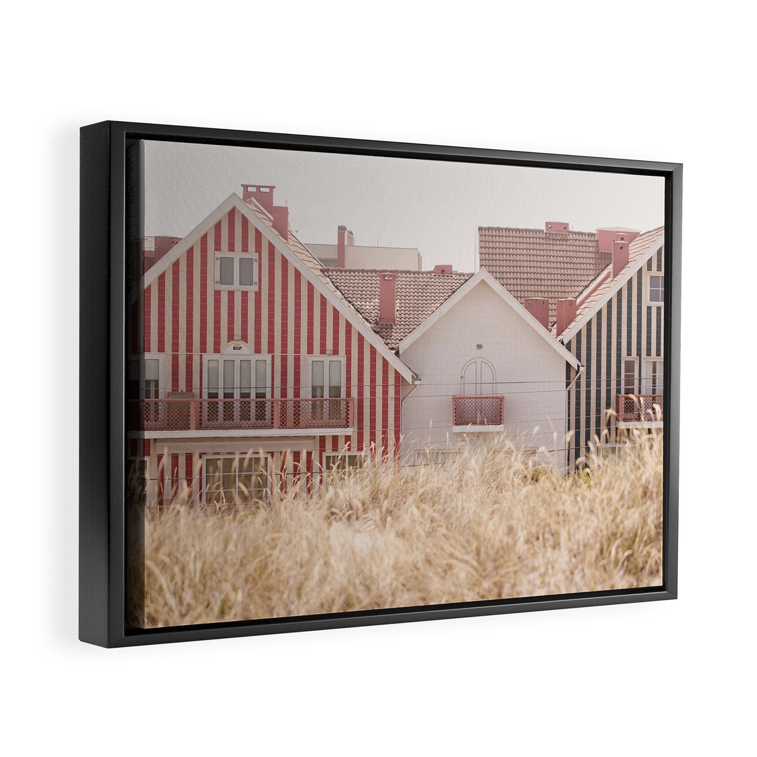 Beach Houses - red and blue stripped coastal house - travel photography Framed Canvas Print Gallery Image 2