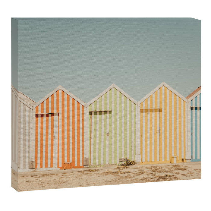 Pastel Candy Striped Beach Huts - summer beach photography by Ingrid Beddoes Canvas Print Gallery Image 1