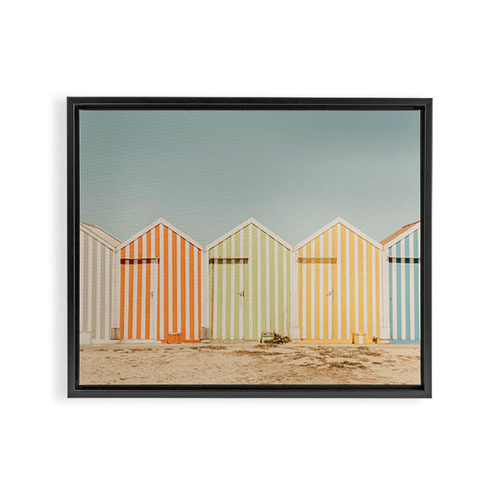Pastel Candy Striped Beach Huts - summer beach photography by Ingrid Beddoes Framed Canvas Print Gallery Image 1