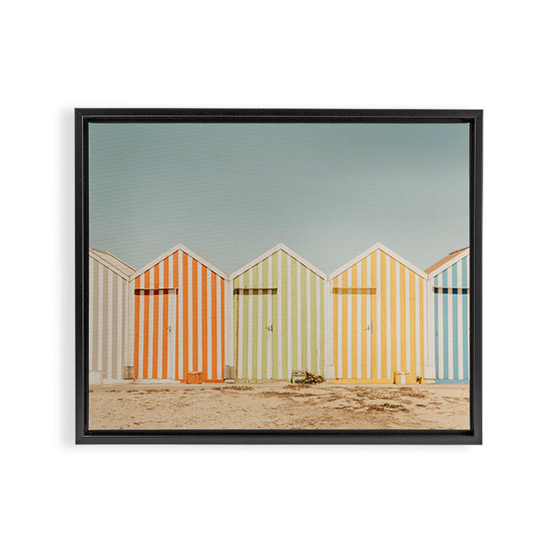 Pastel Candy Striped Beach Huts - summer beach photography by Ingrid Beddoes Framed Canvas Print Gallery Image 6
