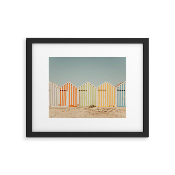 Pastel Candy Striped Beach Huts - summer beach photography by Ingrid Beddoes Framed Art Print Gallery Image 1