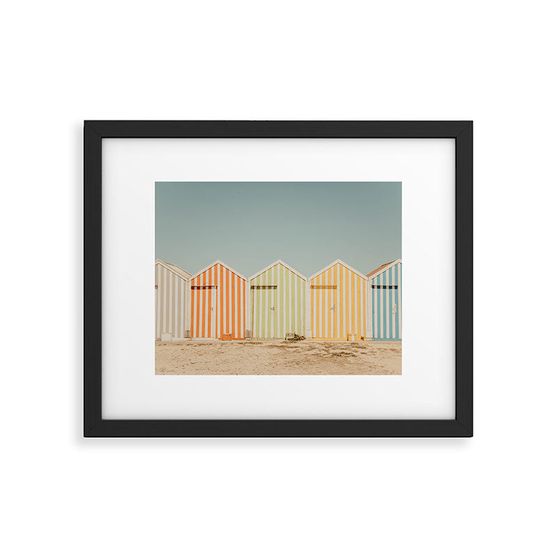 Pastel Candy Striped Beach Huts - summer beach photography by Ingrid Beddoes Framed Art Print