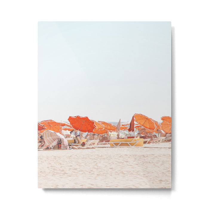 Beach - Orange Sun Umbrellas series  - Ocean Travel photography Metal Print Gallery Image 1