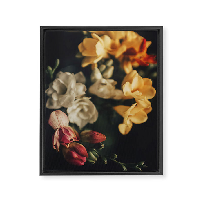 Flower Photography - Mixed Floral Bouquet - Pink Yellow Flowers - Elegant Dark Dramatic Floral print Framed Canvas Print Gallery Image 1