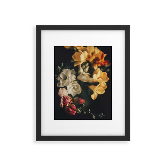 Flower Photography - Mixed Floral Bouquet - Pink Yellow Flowers - Elegant Dark Dramatic Floral print Framed Art Print Gallery Image 1