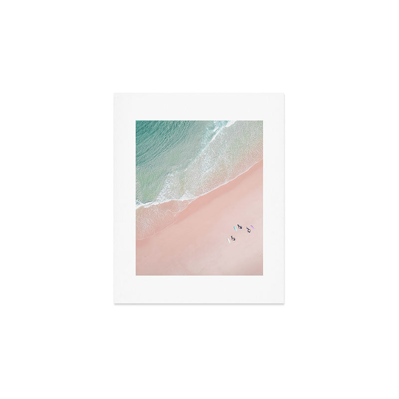 Surf Yoga II - Aerial Pink Beach Print - Ocean - Sea Travel photography by Ingrid Beddoes Art Print Gallery Image 1