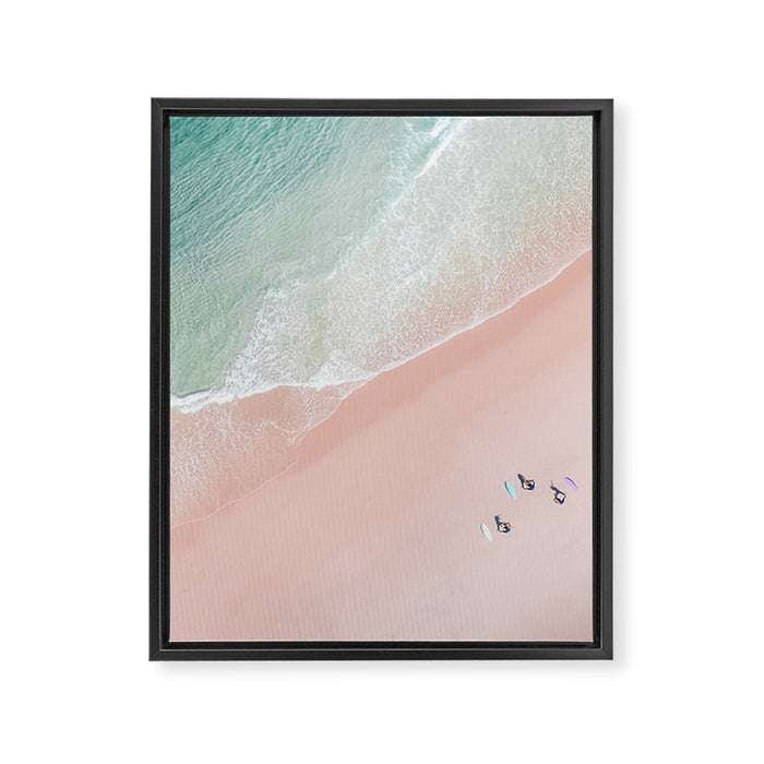 Surf Yoga II - Aerial Pink Beach Print - Ocean - Sea Travel photography by Ingrid Beddoes Framed Canvas Print Gallery Image 1