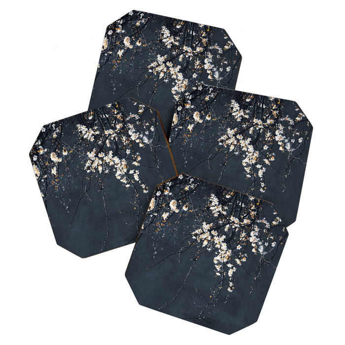 White Blossom Flowers on Blue Texture - Tree - Elegant Floral - Nature photography Coaster Gallery Image 1
