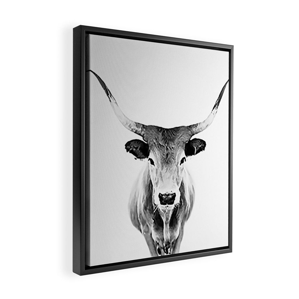 Wild Longhorn Cow Print - Black White Cow Portrait - Animal - Travel photograpy Framed Canvas Print Gallery Image 2