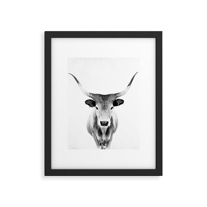 Wild Longhorn Cow Print - Black White Cow Portrait - Animal - Travel photograpy Framed Art Print Gallery Image 1