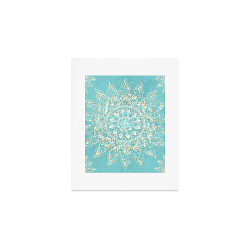 Elegant White Gold Mandala Sky Blue Art Print Gallery Image 1