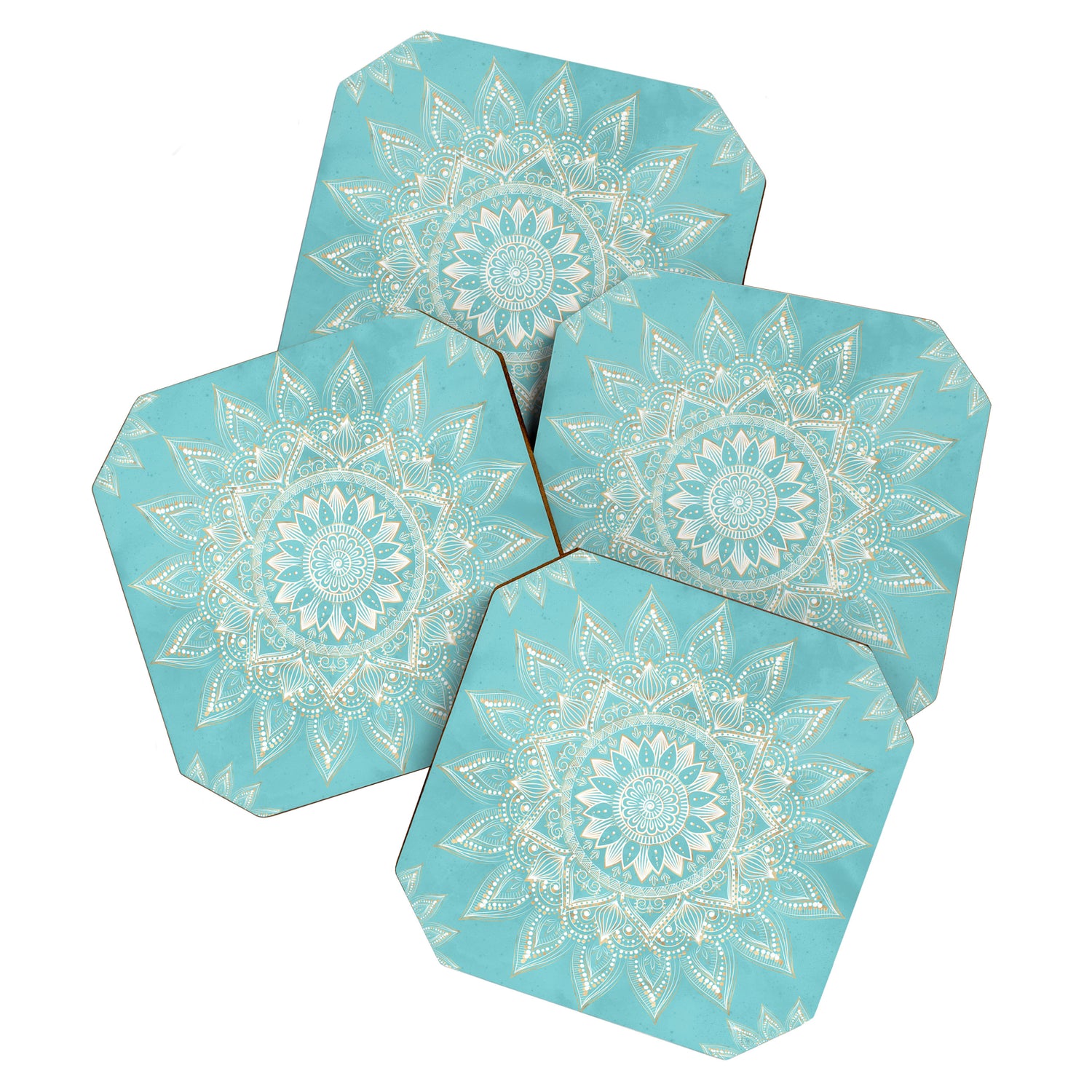 Elegant White Gold Mandala Sky Blue Coaster Gallery Image 1
