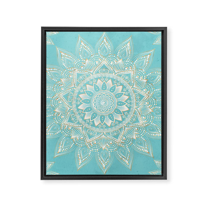 Elegant White Gold Mandala Sky Blue Framed Canvas Print Gallery Image 1