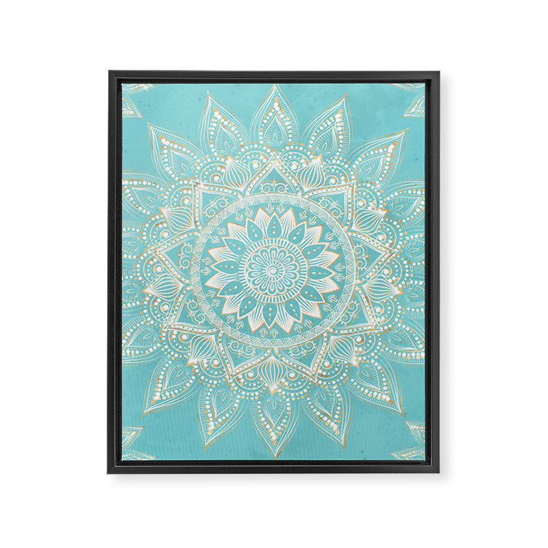 Elegant White Gold Mandala Sky Blue Framed Canvas Print Gallery Image 8