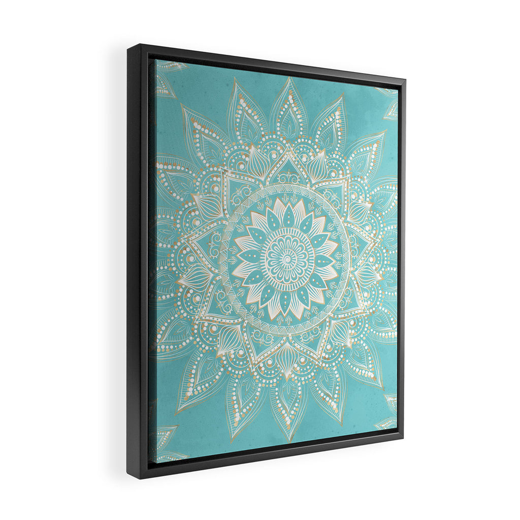 Elegant White Gold Mandala Sky Blue Framed Canvas Print Gallery Image 2