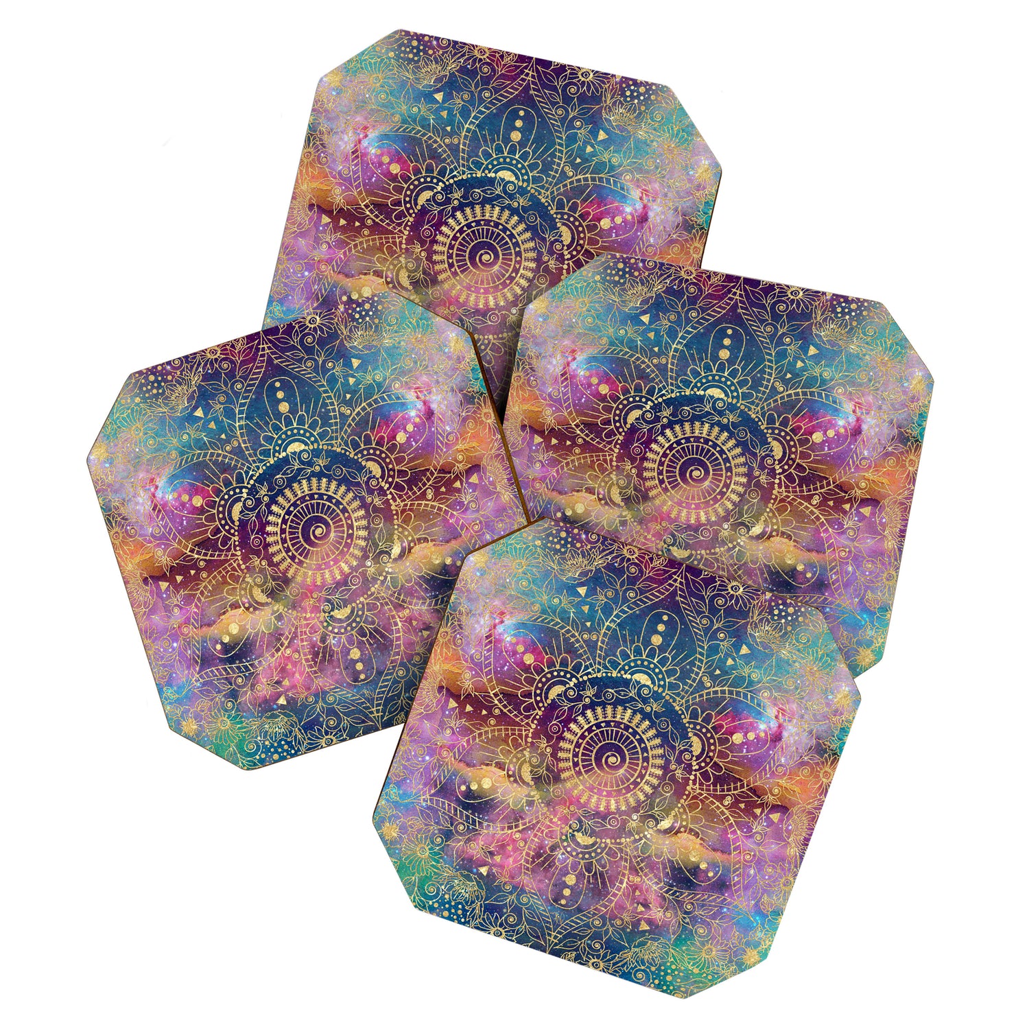 Gold watercolor and nebula mandala Coaster Gallery Image 1