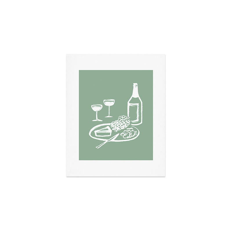 Wine and Cheese Aperitivo - on Pastel Green Art Print Gallery Image 1
