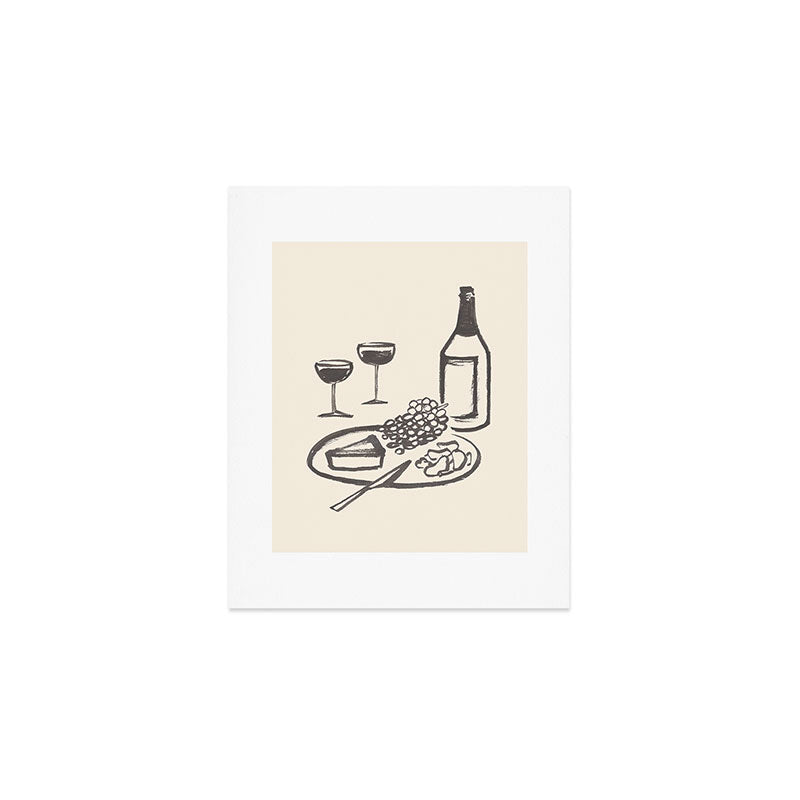 Wine and Cheese Aperitivo - Black and White Art Print Gallery Image 1