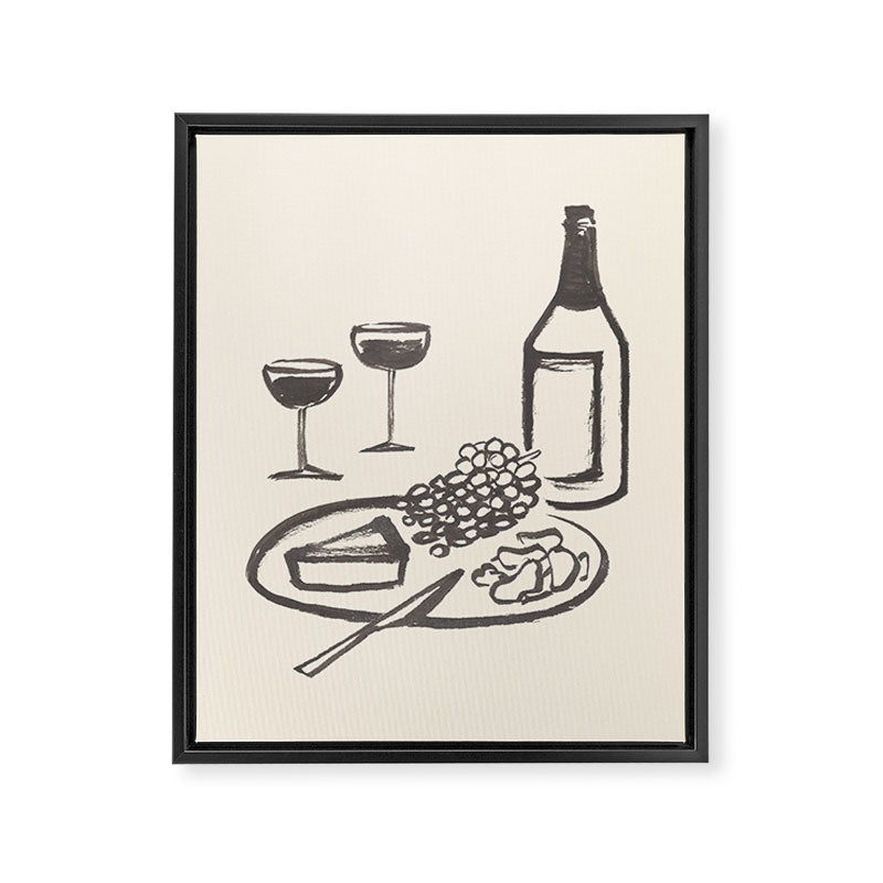 Wine and Cheese Aperitivo - Black and White Framed Canvas Print Gallery Image 6