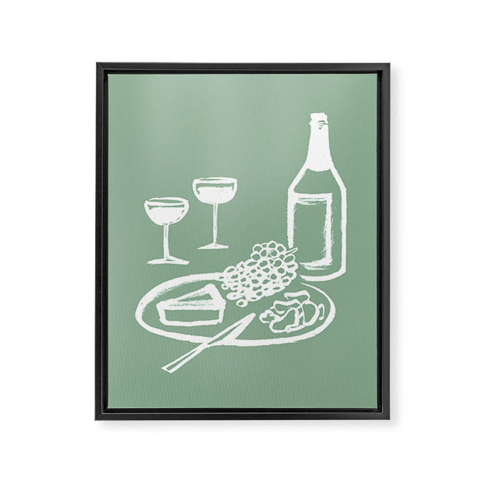 Wine and Cheese Aperitivo - on Pastel Green Framed Canvas Print Gallery Image 1