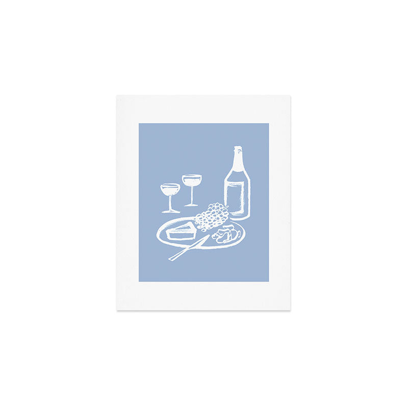 Wine and Cheese Aperitivo - on Pastel Blue Art Print Gallery Image 1