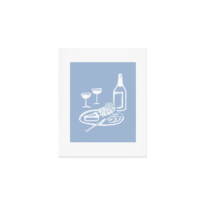 Wine and Cheese Aperitivo - on Pastel Blue Art Print Gallery Image 1