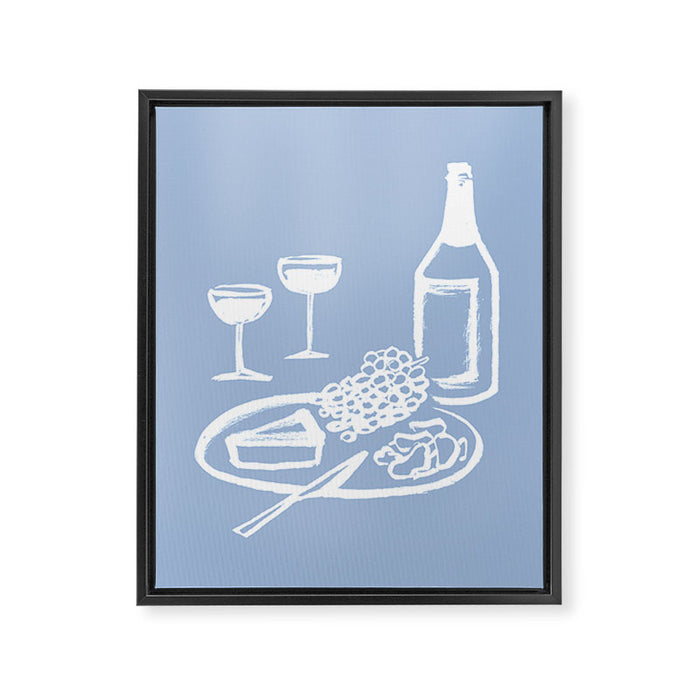 Wine and Cheese Aperitivo - on Pastel Blue Framed Canvas Print Gallery Image 1