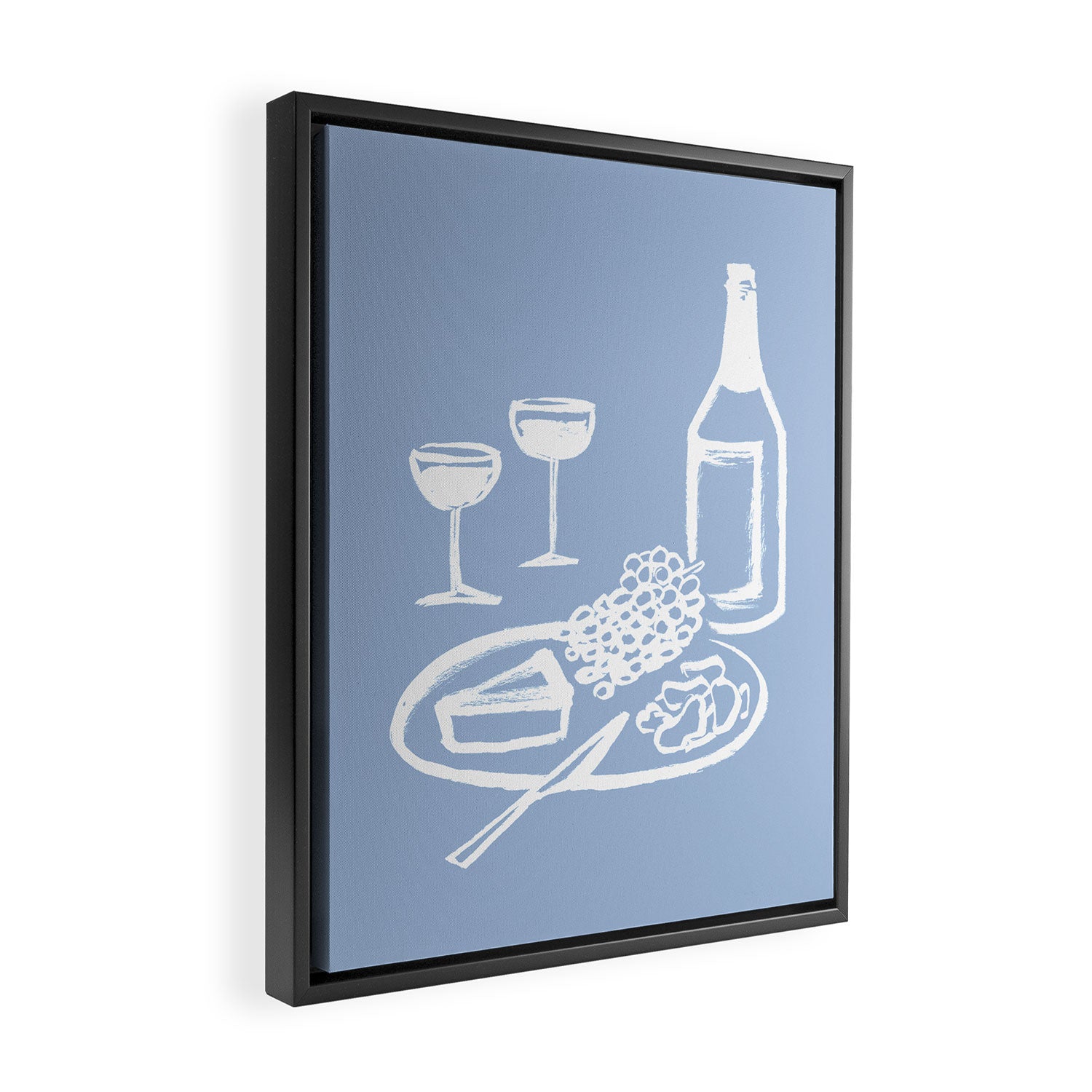 Wine and Cheese Aperitivo - on Pastel Blue Framed Canvas Print Gallery Image 2