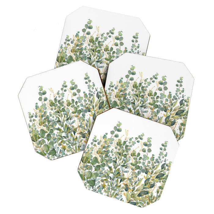 Gold And Green Botanical Eucalyptus Leaves Coaster Gallery Image 1