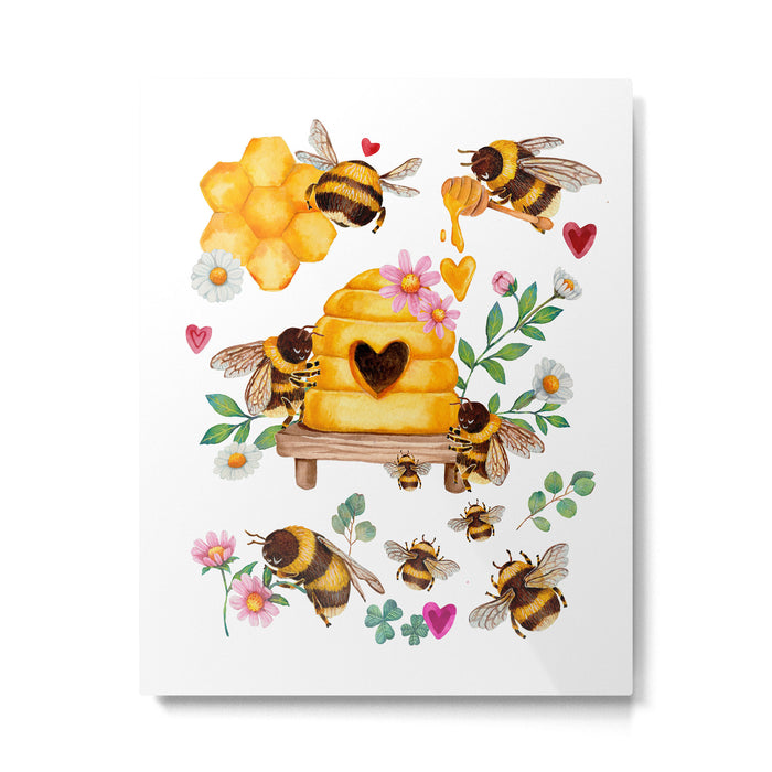 Bees with Flowers and Honey Metal Print Gallery Image 1