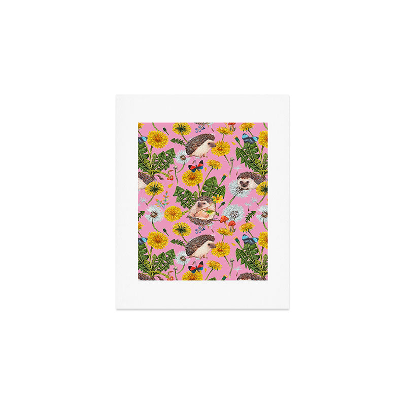 Dandelion Flowers with hedgehogs - pink Art Print Gallery Image 1