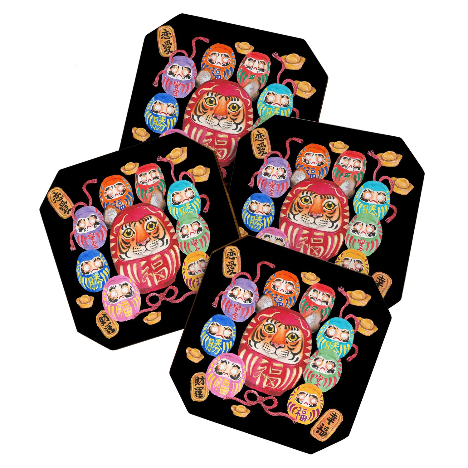 Japanese Tiger Daruma with small Darumas Coaster Gallery Image 1