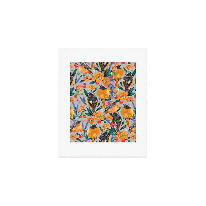 Orange Birds Florals - GREY Art Print Gallery Image 1
