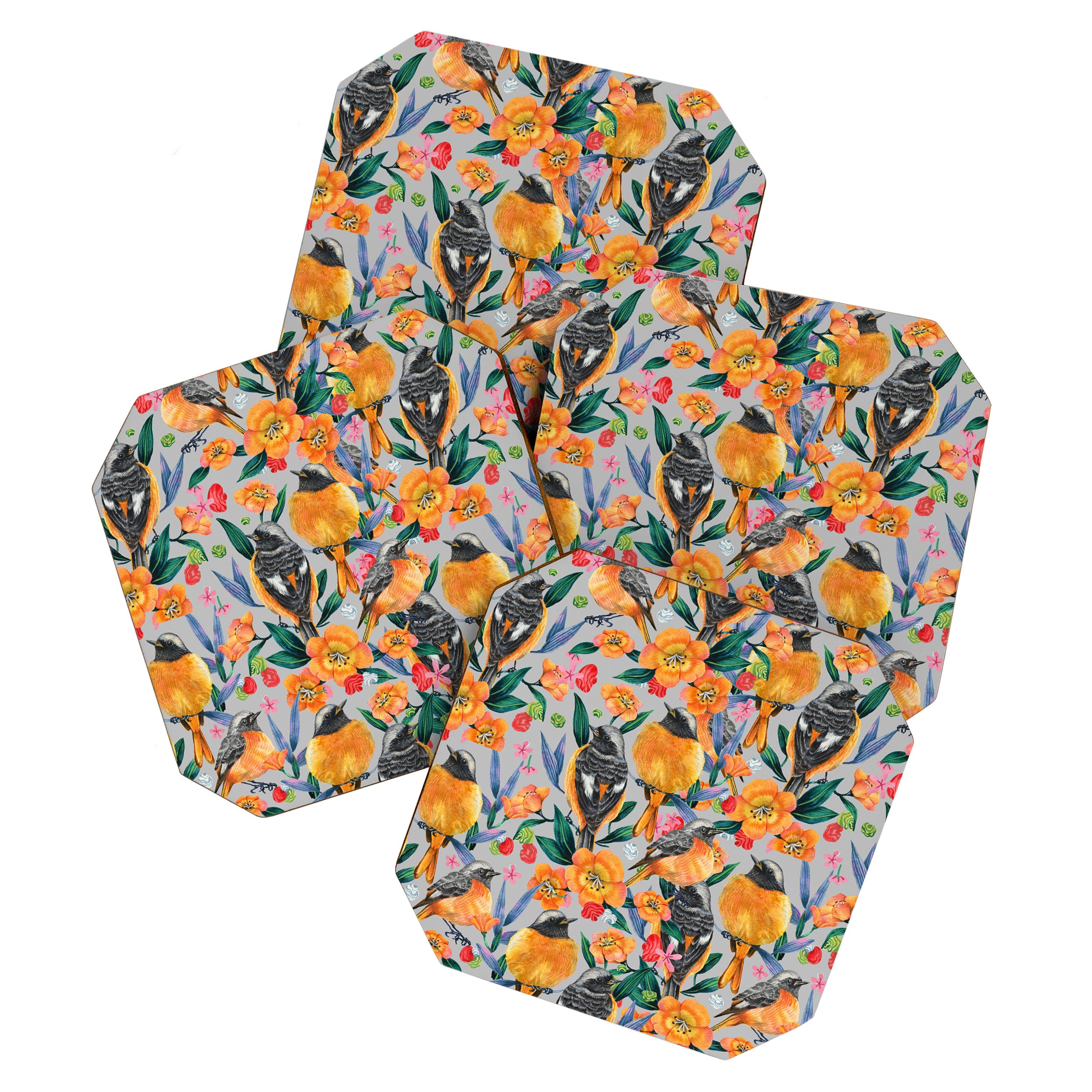 Orange Birds Florals - GREY Coaster Gallery Image 1