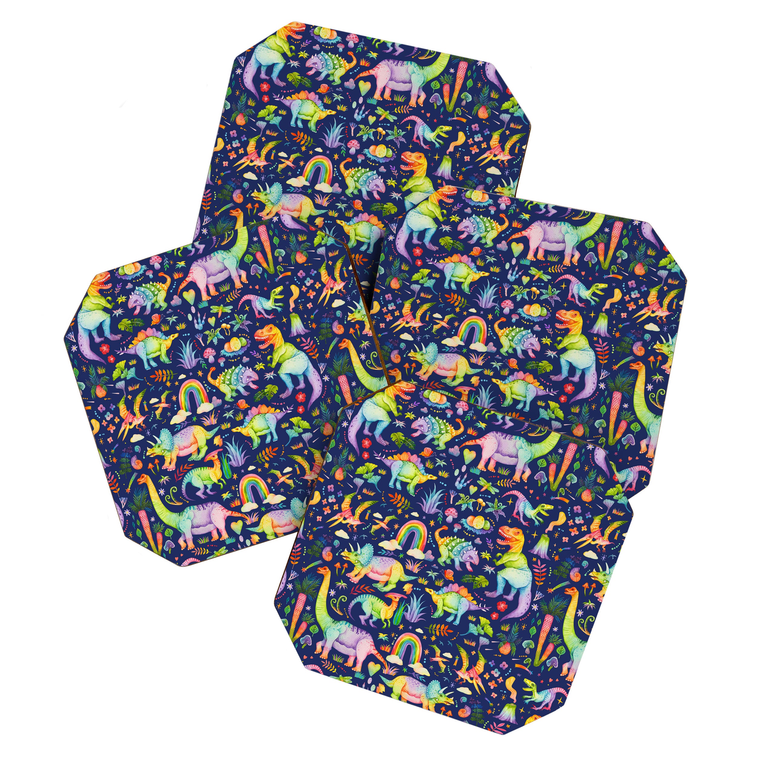 Rainbow color Cheerful Dinosaurus World - bluebg Coaster Gallery Image 1