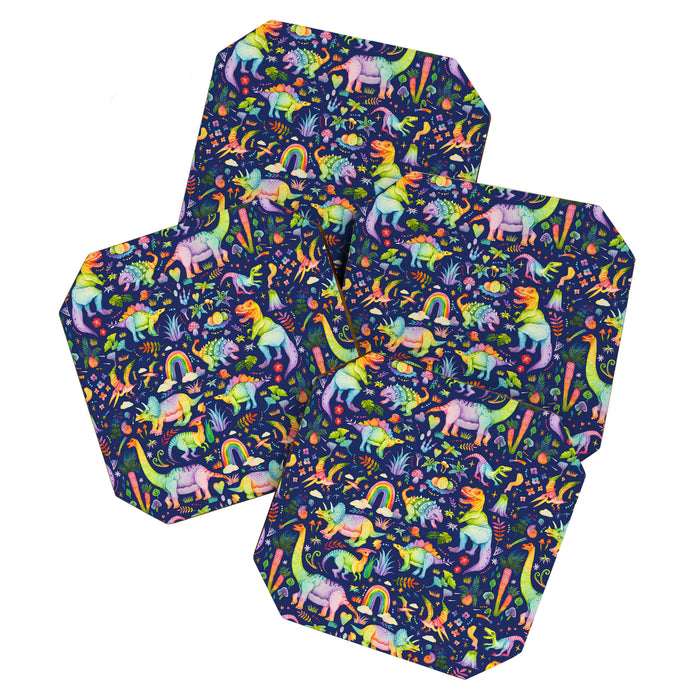 Rainbow color Cheerful Dinosaurus World - bluebg Coaster Gallery Image 1