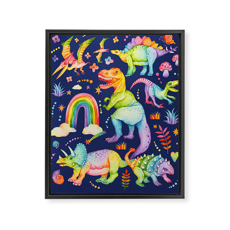 Rainbow color Cheerful Dinosaurus World - bluebg Framed Canvas Print Gallery Image 6