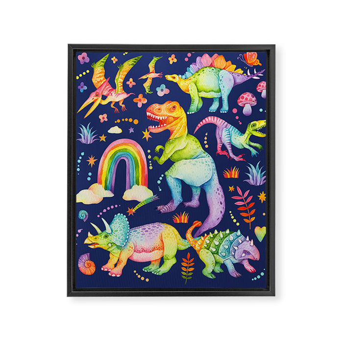 Rainbow color Cheerful Dinosaurus World - bluebg Framed Canvas Print Gallery Image 1