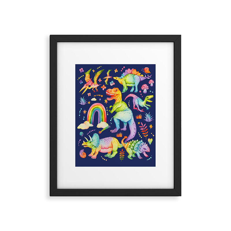 Rainbow color Cheerful Dinosaurus World - bluebg Framed Art Print Gallery Image 5