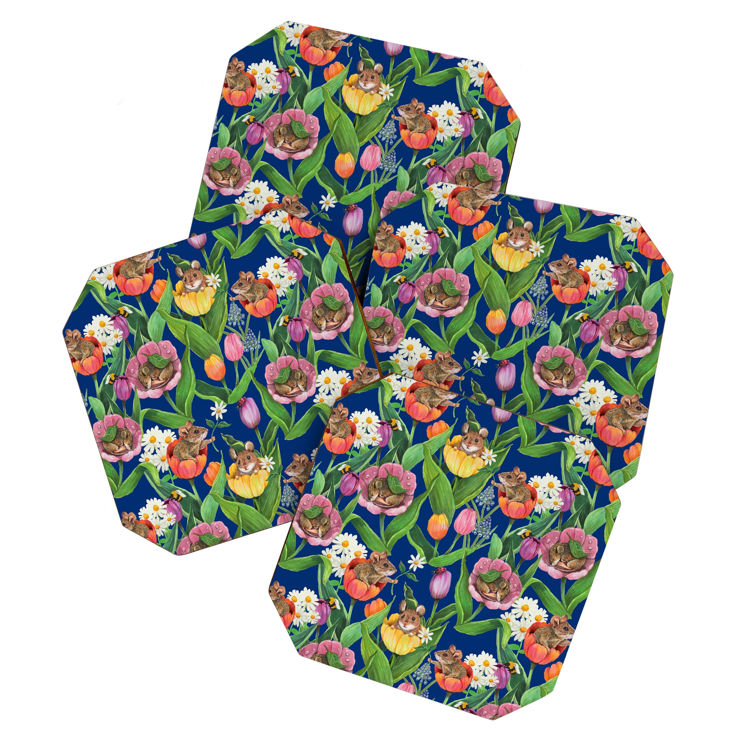 Spring Tulips with Cute Mouse - blue Coaster Gallery Image 1