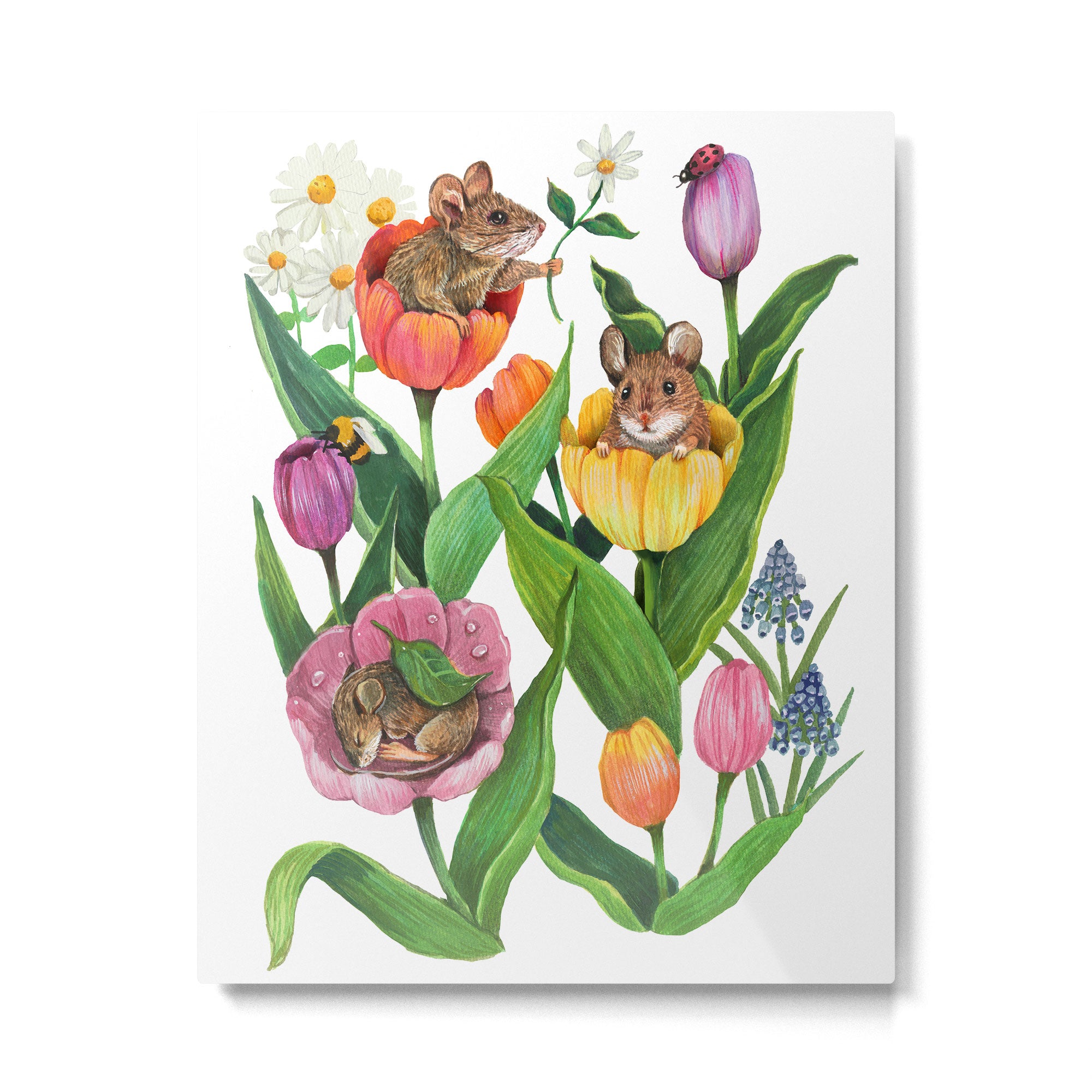 Spring Tulips with Cute Mouse - blue Metal Print Gallery Image 4
